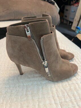 Via Spiga “Venetta” Antelope Suede Leather Dual Zip Peep Toe Booties